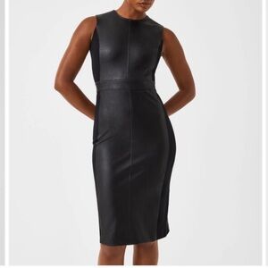 SPANX Leather-Like Mixed Media Combo Fitted Pencil Dress, Black Luxe, Size L NWT